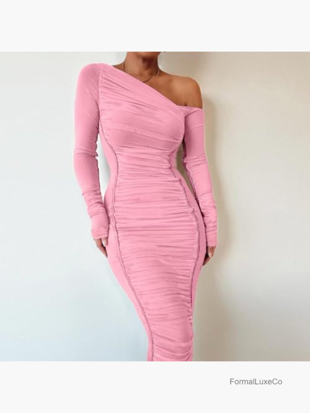 Sexy Off Shoulder Mesh Long Sleeve Bodycon Maxi Dress Ruched Party Club - Picture 5 of 6